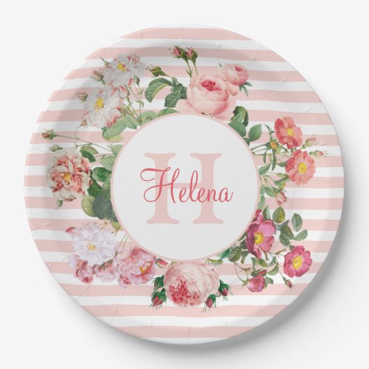 Monogram  bloemen Roze Stripes Papieren Bordje (Voorkant)