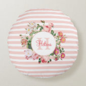 Monogram  bloemen Roze Stripes Rond Kussen (Voorkant)