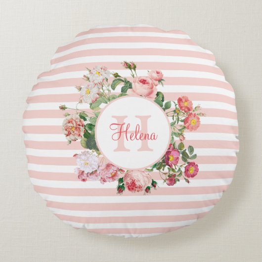 Monogram  bloemen Roze Stripes Rond Kussen (Voorkant)