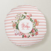 Monogram  bloemen Roze Stripes Rond Kussen (Achterkant)