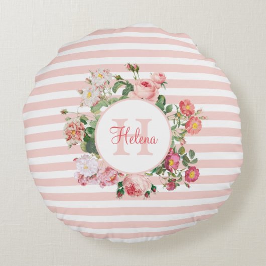 Monogram  bloemen Roze Stripes Rond Kussen (Achterkant)
