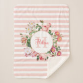 Monogram  bloemen Roze Stripes Sherpa Deken (Voorkant)