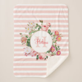 Monogram  bloemen Roze Stripes Sherpa Deken