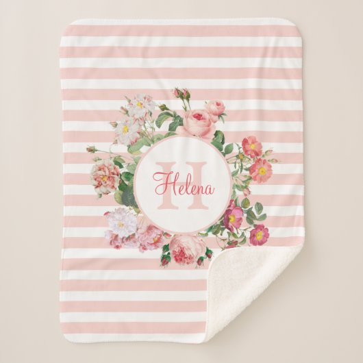 Monogram  bloemen Roze Stripes Sherpa Deken (Voorkant)