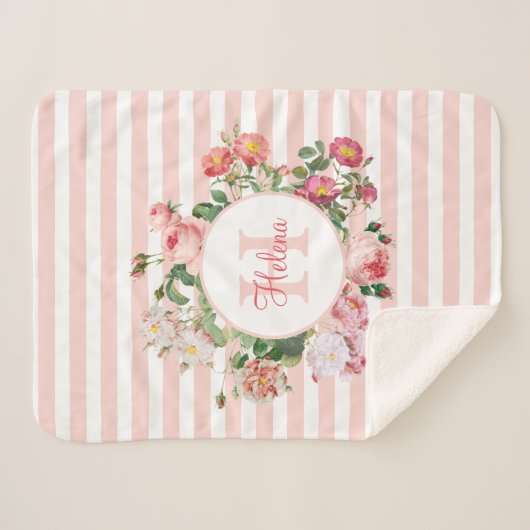 Monogram  bloemen Roze Stripes Sherpa Deken (Voorkant (horizontaal))