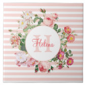 Monogram  bloemen Roze Stripes Tegeltje (Voorkant)