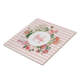 Monogram  bloemen Roze Stripes Tegeltje
