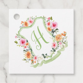 Monogram Bloemen Waterverf Crest, groen & roze Bedankjes Labels