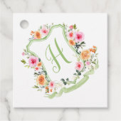 Monogram Bloemen Waterverf Crest, groen & roze Bedankjes Labels (Voorkant)