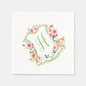 Monogram Bloemen Waterverf Crest, groen & roze Servet (Voorkant)