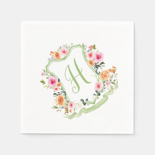 Monogram Bloemen Waterverf Crest, groen & roze Servet (Voorkant)