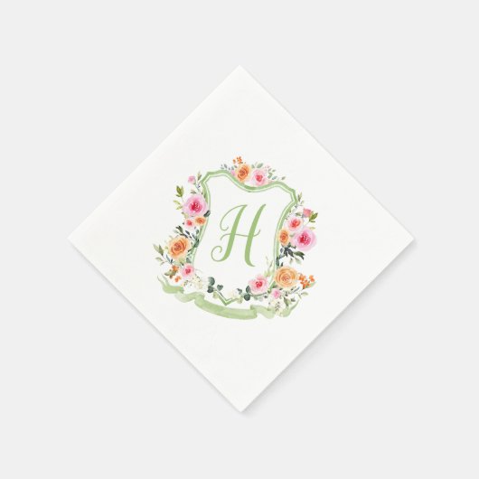 Monogram Bloemen Waterverf Crest, groen & roze Servet (Hoek)