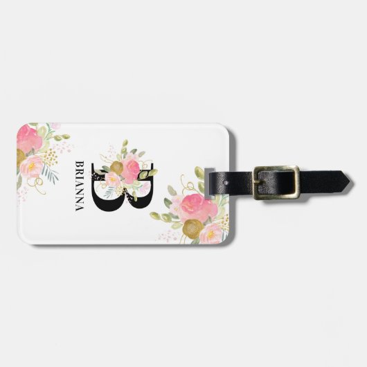 Monogram Bloemenbrief Roze en Gouden Boeket Bagagelabel (Voorkant horizontaal)