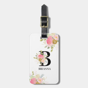 Monogram Bloemenbrief Roze en Gouden Boeket Bagagelabel