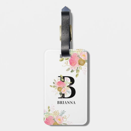 Monogram Bloemenbrief Roze en Gouden Boeket Bagagelabel (Achterkant verticaal)