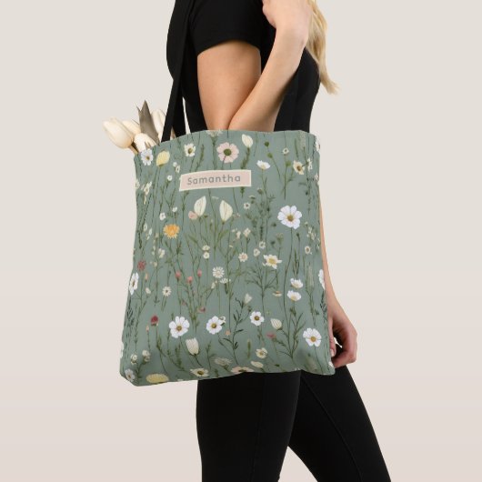 Monogram Bloemengroen Geel Wit Wilde Bloemen Boho Tote Bag (Dichtbij)