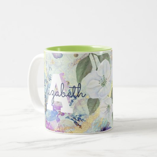 Monogram  bloemengroen waterverf script tweekleurige koffiemok (Voorkant links)
