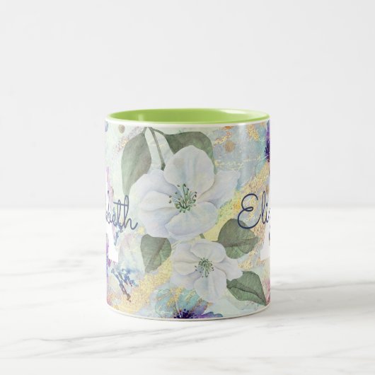 Monogram  bloemengroen waterverf script tweekleurige koffiemok (Center)