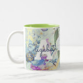 Monogram  bloemengroen waterverf script tweekleurige koffiemok (Links)