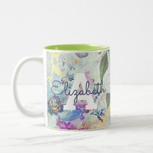 Monogram  bloemengroen waterverf script tweekleurige koffiemok (Links)