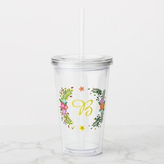 Monogram bloemenkrans acryl drinkbeker (Voorkant)