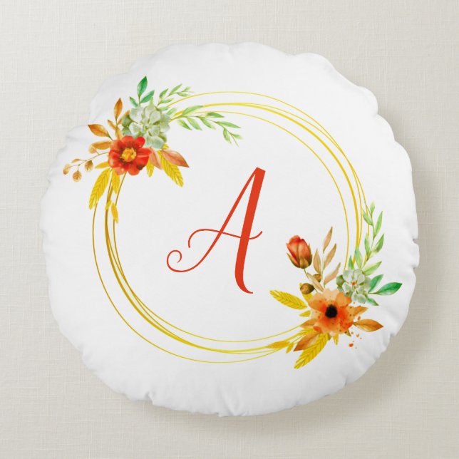 Monogram bloemenkrans ronde kussen (Voorkant)