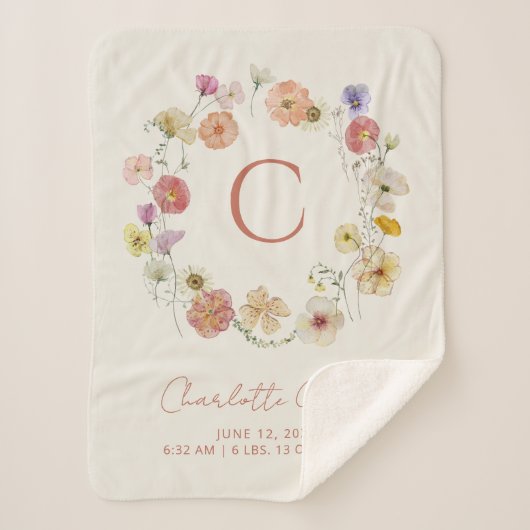 Monogram Bloemenkrans Waterverf Geboortestatistiek Sherpa Deken (Voorkant)