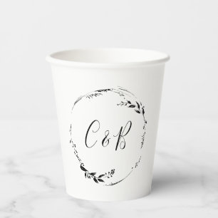 Monogram Bloemenkrans Witte Script Bruiloftsshower Papieren Bekers