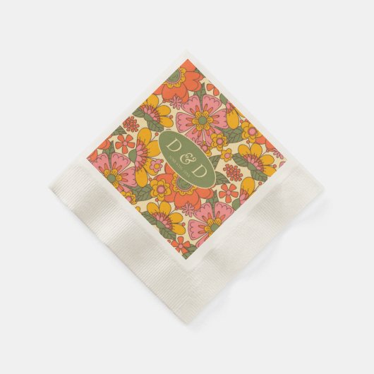 Monogram Bloemenpatroon Retro Boho 70s Huwelijk Servet (Hoek)
