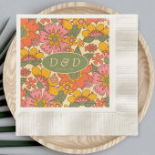 Monogram Bloemenpatroon Retro Boho 70s Huwelijk Servet