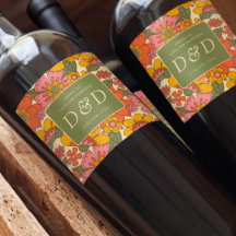 Monogram Bloemenpatroon Retro Boho 70s Huwelijk