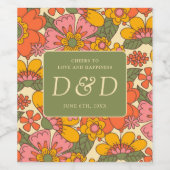 Monogram Bloemenpatroon Retro Boho 70s Huwelijk Wijn Etiket (Enkel label)