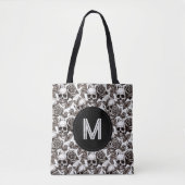 Monogram Bloemenschedel Zwart Wit Halloween Tote Bag (Voorkant)