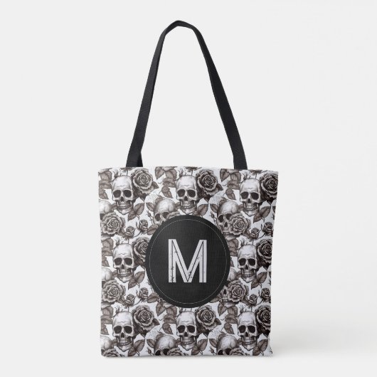 Monogram Bloemenschedel Zwart Wit Halloween Tote Bag (Achterkant)
