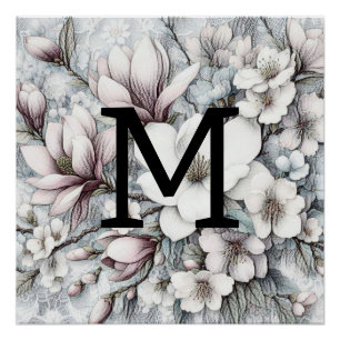Monogram bloementekening roze magnolia's bloemen perfect poster