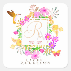Monogram bloementuin vierkante sticker