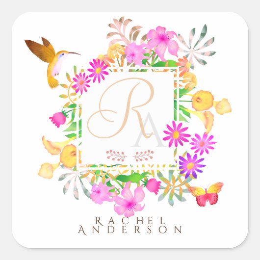 Monogram bloementuin vierkante sticker (Voorkant)