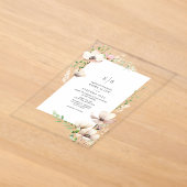 Monogram Bloemige Roze Wit Botanische Trouw Acryl Uitnodigingen (Laagn)
