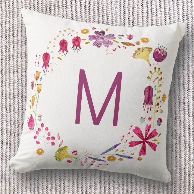 Monogram Bloemige Waterverf Kussen (Monogram initial personalized watercolor wildflower throw pillow)