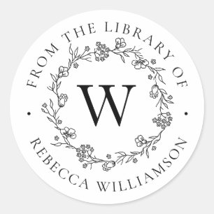 Monogram Bloemkrans uit de Bibliotheek Boekplaat Ronde Sticker