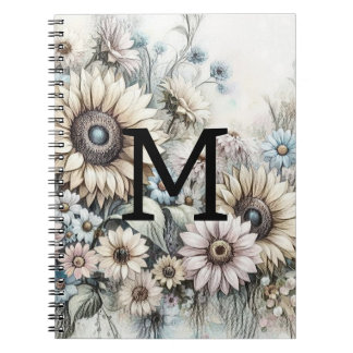 Monogram bloemtekening roze gele zonnebloemen notitieboek