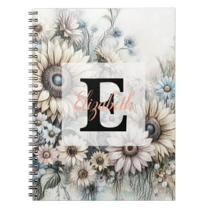 Monogram bloemtekening roze gele zonnebloemen notitieboek