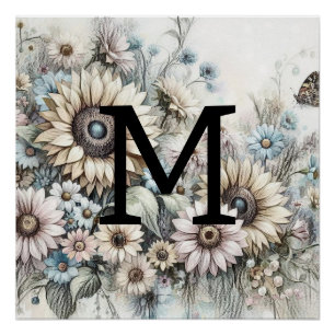 Monogram bloemtekening roze gele zonnebloemen perfect poster