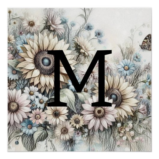 Monogram bloemtekening roze gele zonnebloemen perfect poster (Voorkant)