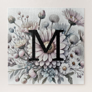 Monogram bloemtekening roze gerbera madeliefjes legpuzzel