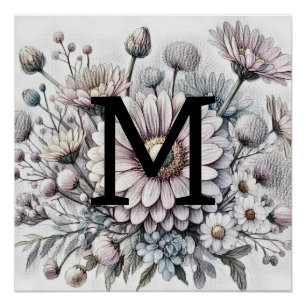 Monogram bloemtekening roze gerbera madeliefjes perfect poster