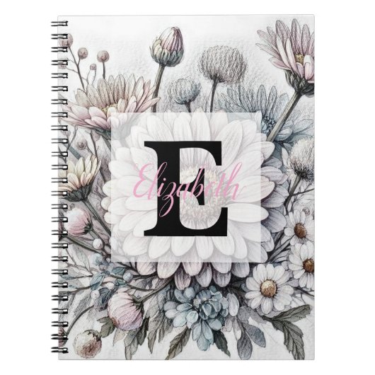 Monogram bloemtekening roze gerbera's notitieboek (Voorkant)