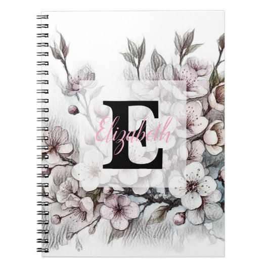 Monogram bloemtekening roze kersenbloesem notitieboek (Voorkant)