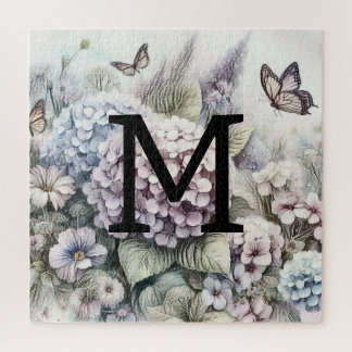 Monogram bloemtekening roze paarse hortensia's legpuzzel