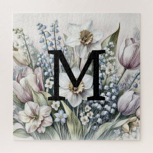 Monogram bloemtekening roze tulpen narcissen legpuzzel